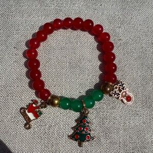 Festive Red and Green Beaded Bracelet with Charms